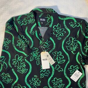 Malibu by Drill Clothing Co Mens Floral Button Up Shirt Black Green XL